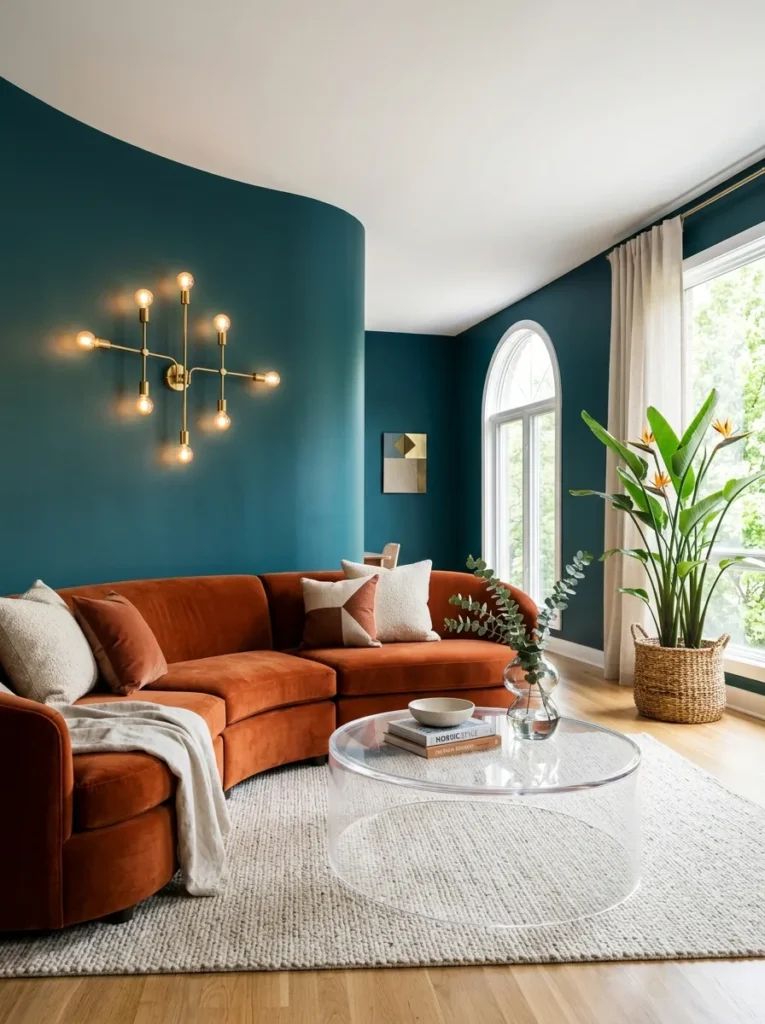Deep teal wall with a curved burnt-orange velvet sectional