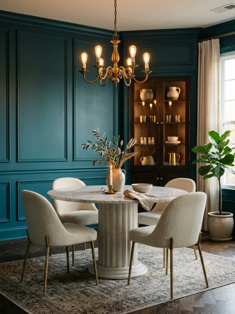 Deep teal panel moulding behind a round marble dining table with white base