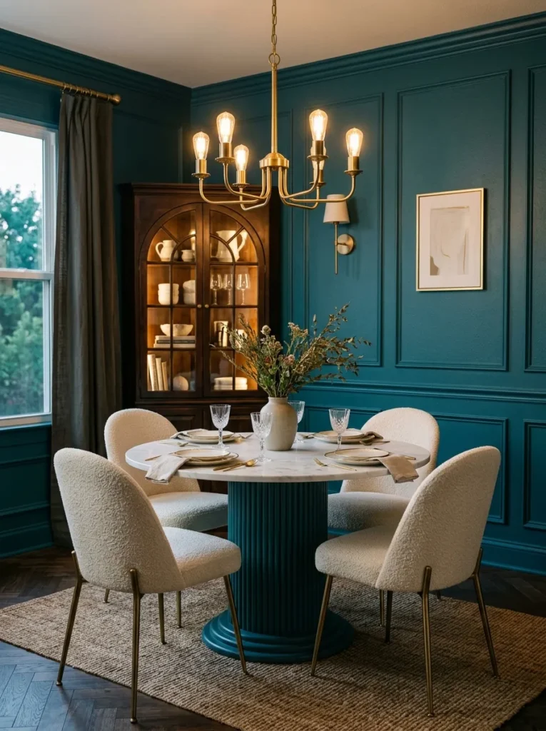 Deep teal panel moulding behind a round marble dining table with teal colored base