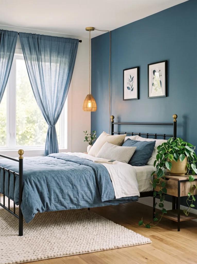 Denim blue and gold bedroom with matte black iron bed, gold pendant, philodendron, chunky rug, and relaxed linen bedding.