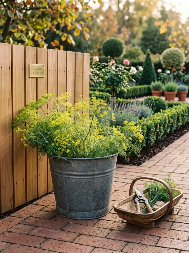  Fall herbs to grow in a deep galvanized container, featuring fresh dill with feathery green fronds in an autumn garden setting.