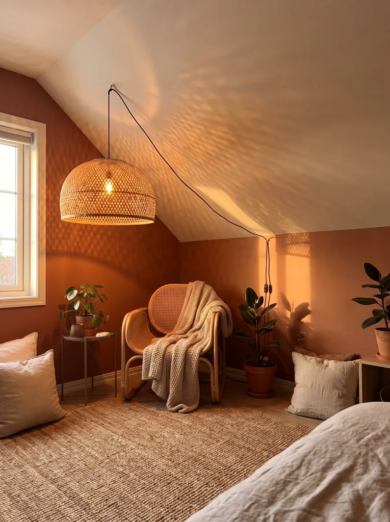 Woven rattan pendant casting dappled amber light over a jute rug and cane chair
