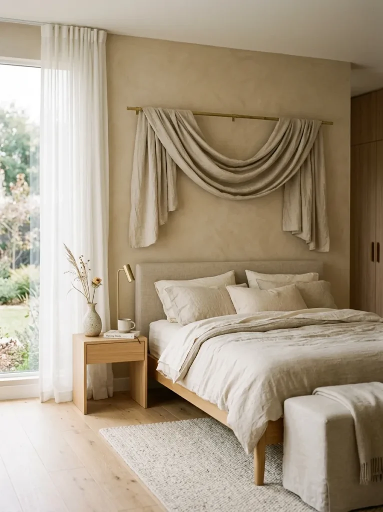 Natural linen draped over a brass rod creating a soft DIY headboard.