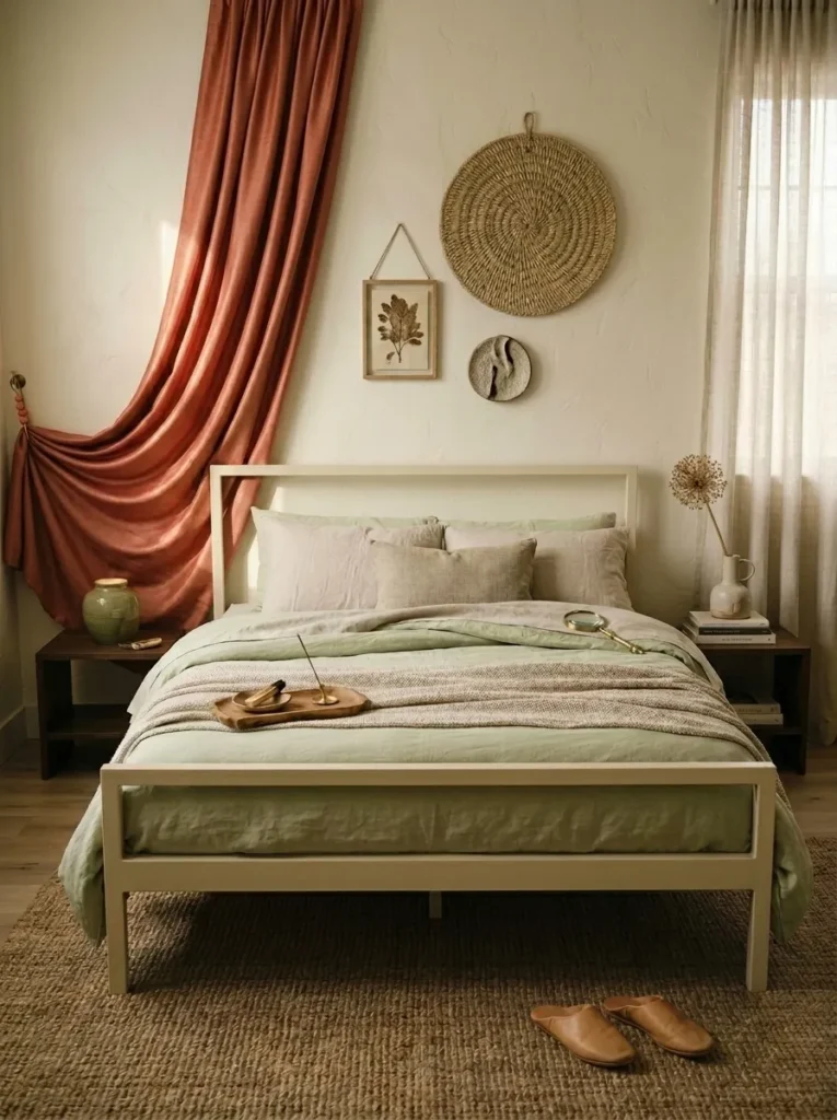 Dusty coral silk panel behind a cream bed