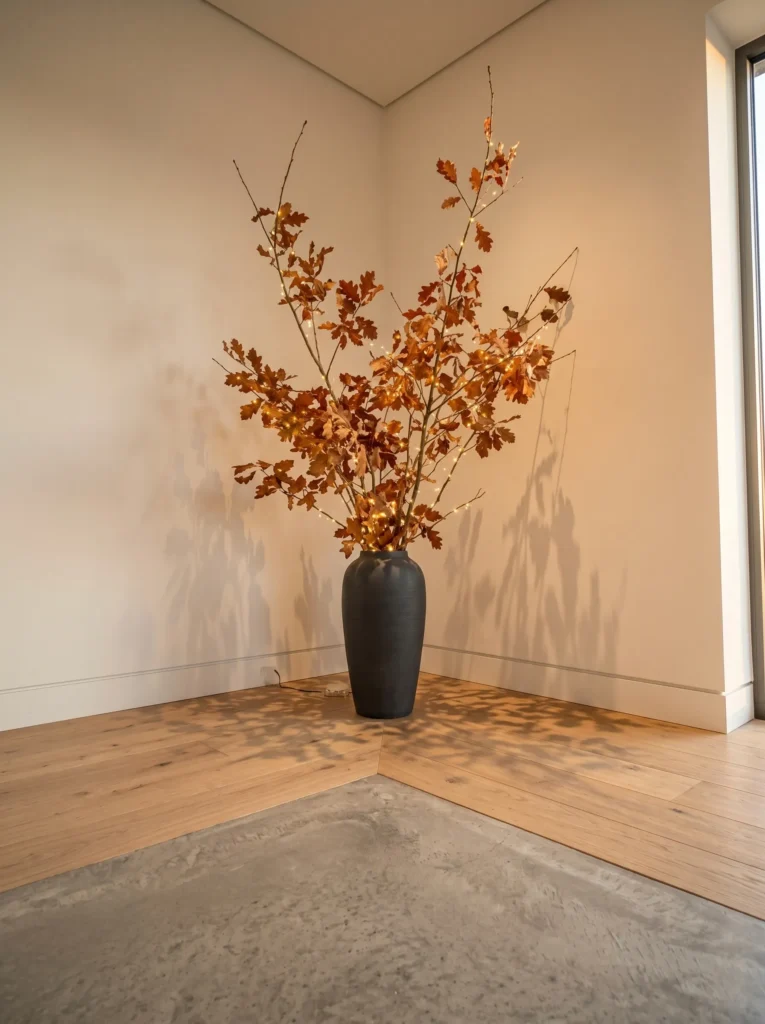Tall dried oak branches with rust leaves arranged in a concrete floor vase.