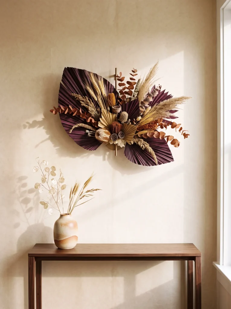 Large dried floral wall fan in rust, wheat, aubergine, and natural straw above a minimalist console.