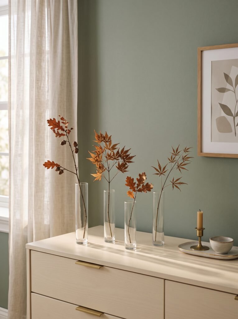 Dried oak and maple branches displayed in varied glass bud vases on a dresser.