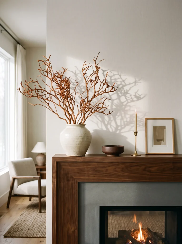 Sculptural dried sienna branches in a handmade cream ceramic vessel with chocolate-brown and deep-gold accents on an elegant fall mantel.