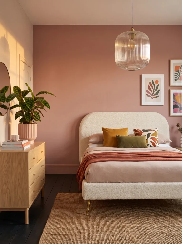  Dusty blush bedroom with ivory bouclé headboard, fluted glass pendant, calathea, and warm brass