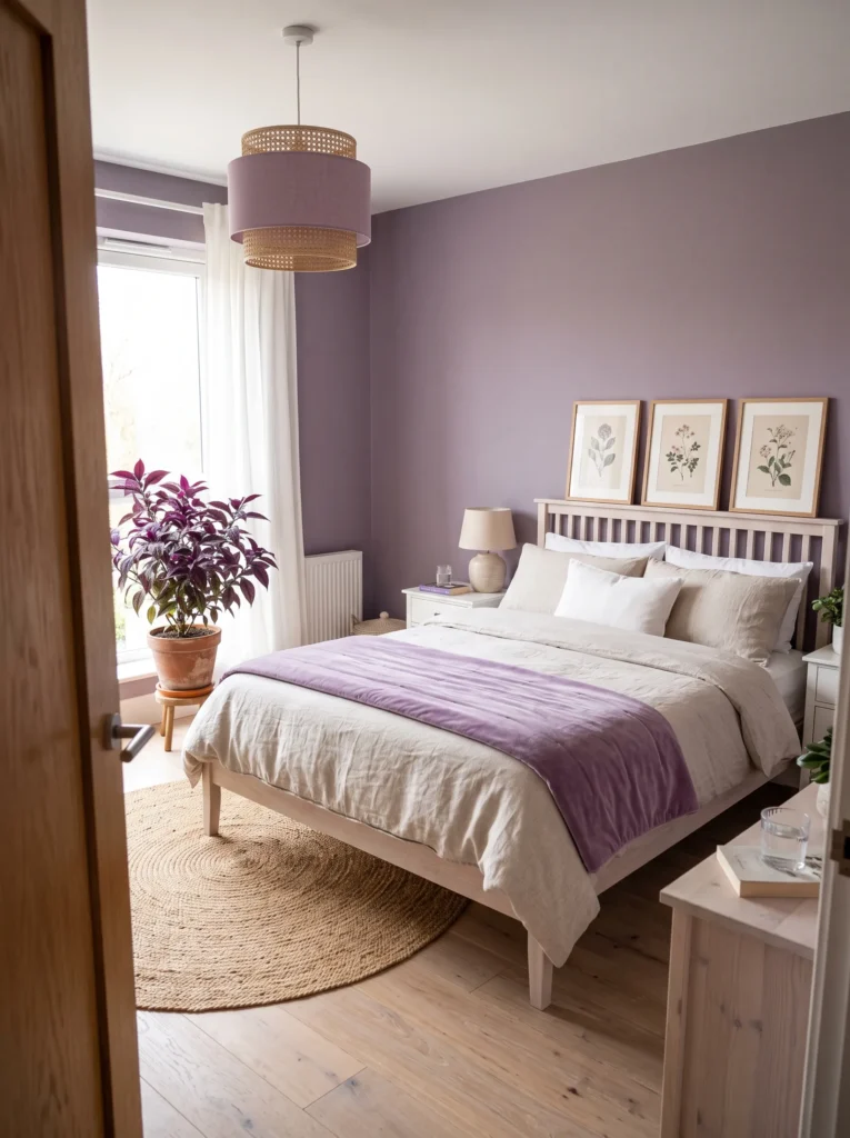 Dusty lilac bedroom with oatmeal bedding, rattan lighting, botanical prints, and a Persian Shield plant.
