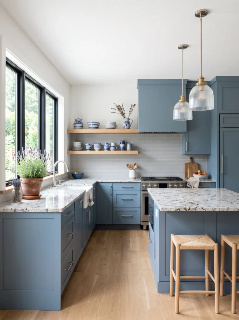 Dusty steel blue recessed-panel cabinets with a floating white oak shelf.