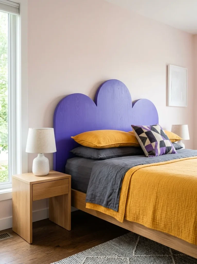 Electric-violet curved DIY headboard with marigold bedding and charcoal sheets.