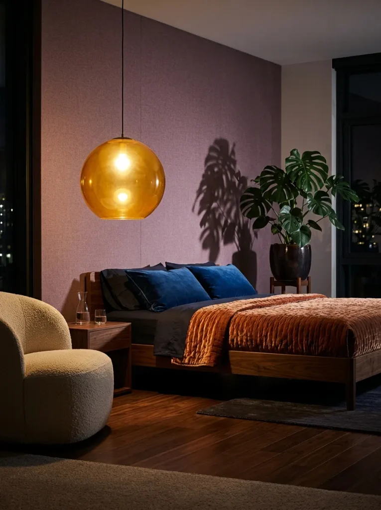 Sapphire and copper jewel-tone bedroom without a headboard