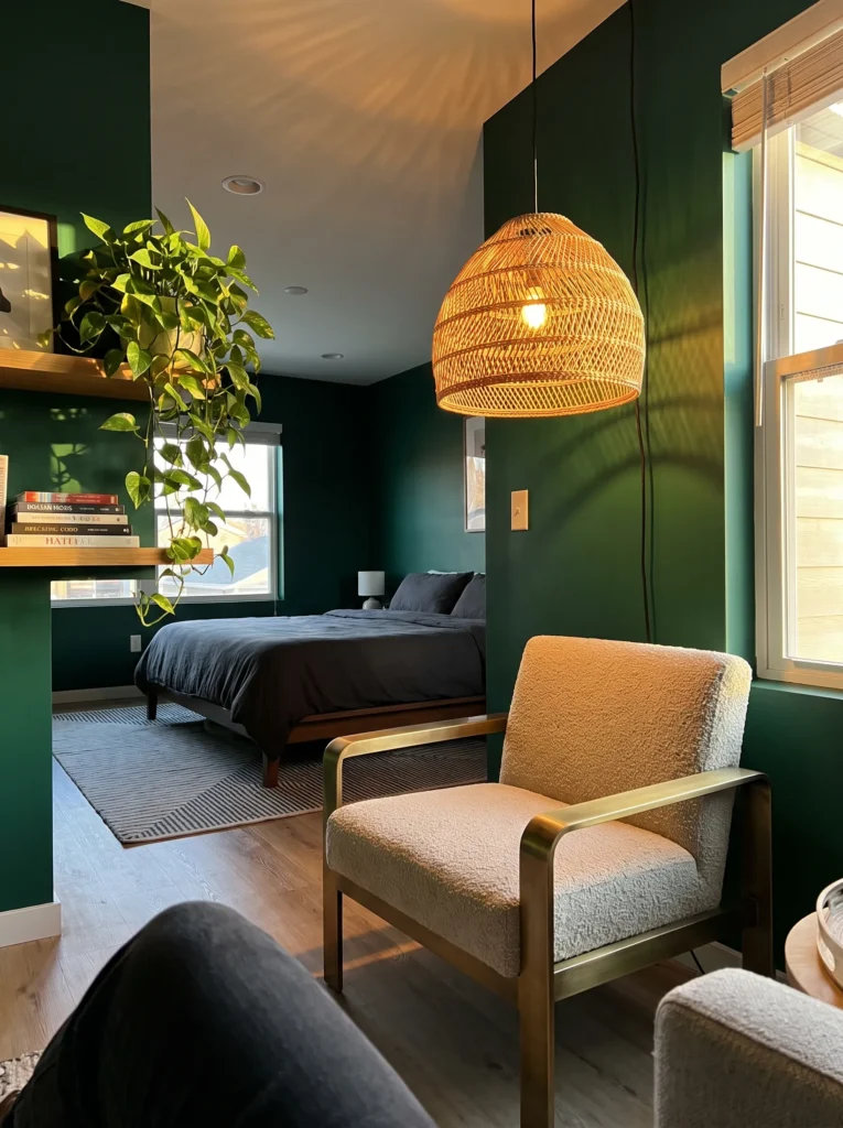 <!-- wp:paragraph -->
<p><strong>Alt text:</strong> Woven rattan pendant casting dappled light over a reading chair in an emerald green bedroom.</p>
<!-- /wp:paragraph -->