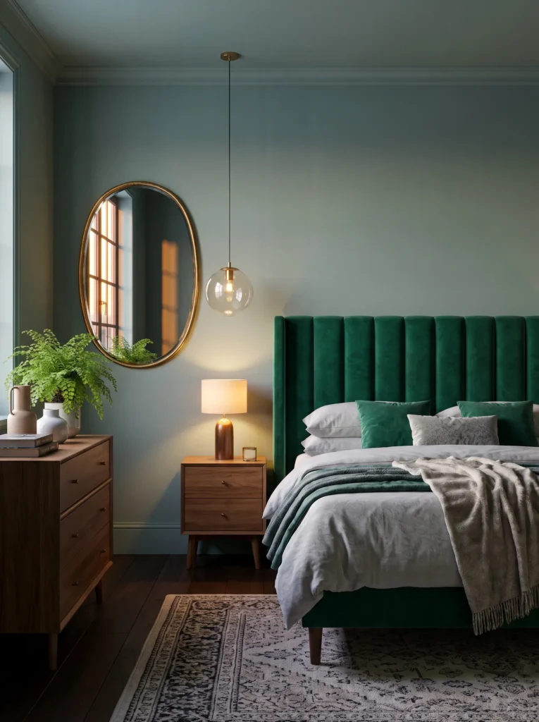 Emerald velvet headboard with antique-gold mirror, brass pendant, and maidenhair fern