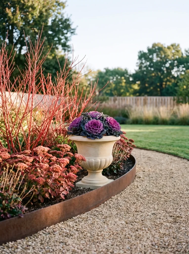 Red-twig dogwood corner bed with sedum and a concrete kale urn.
