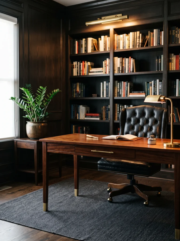 Espresso-paneled home office library with a restored mahogany rolltop-style desk.