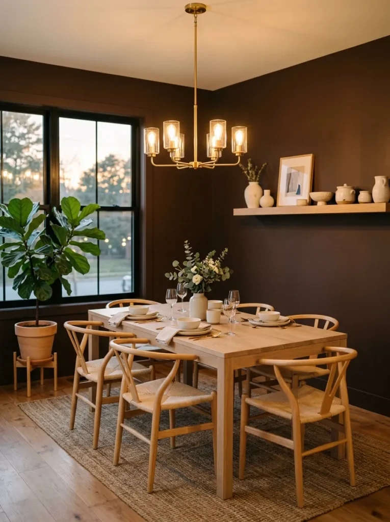 Espresso-brown dining room walls with a bleached oak table