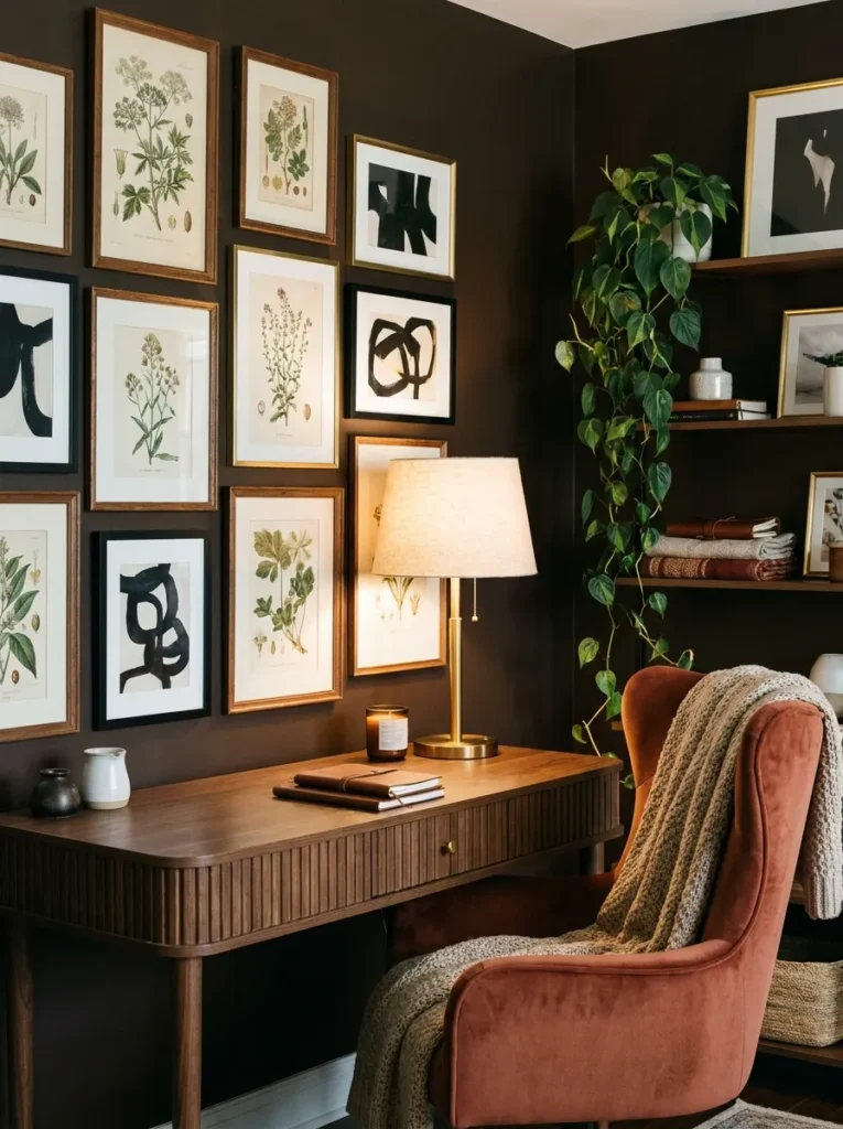 Espresso brown office with an asymmetrical gallery wall and warm brass desk lamp