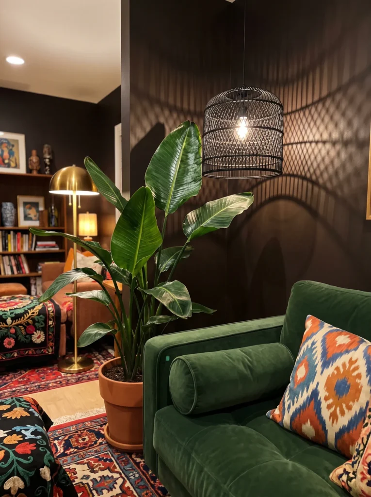  Espresso brown living room with cage pendant light and bird of paradise plant
