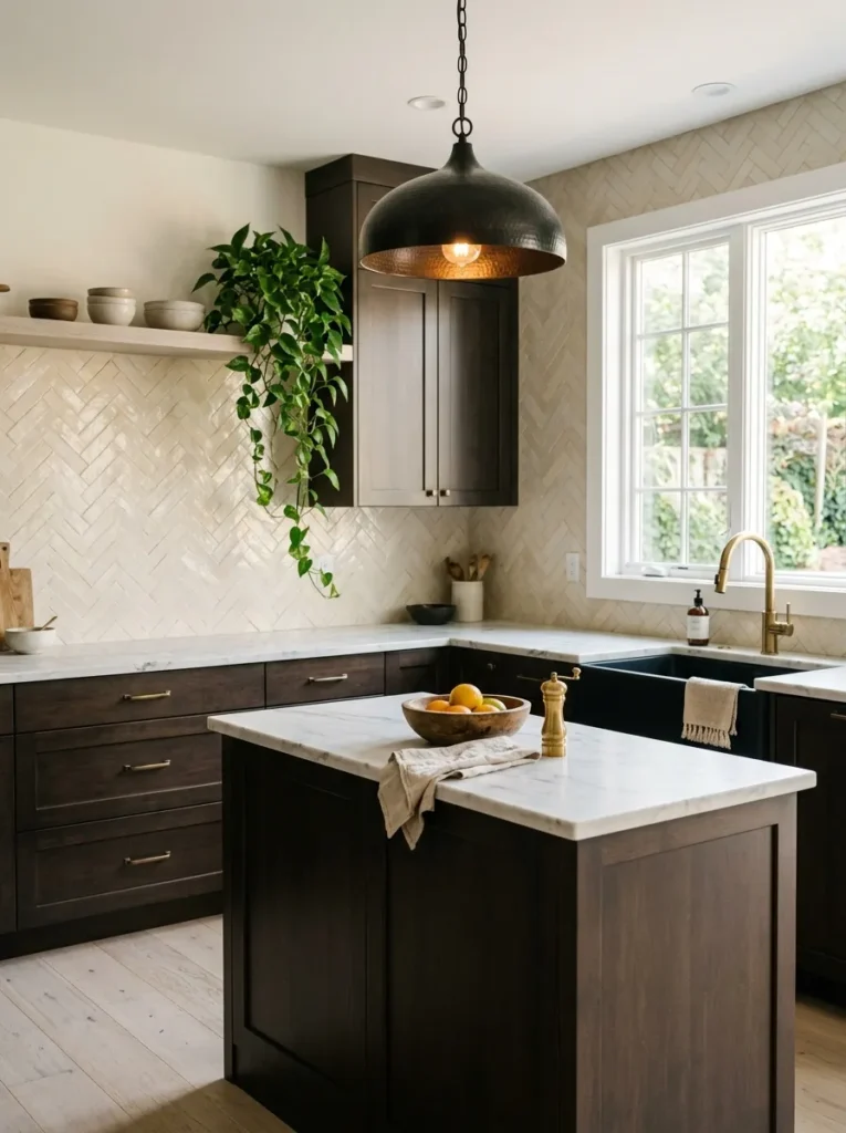  Espresso shaker cabinets with marble countertops and brass hardware in a moody farmhouse kitchen