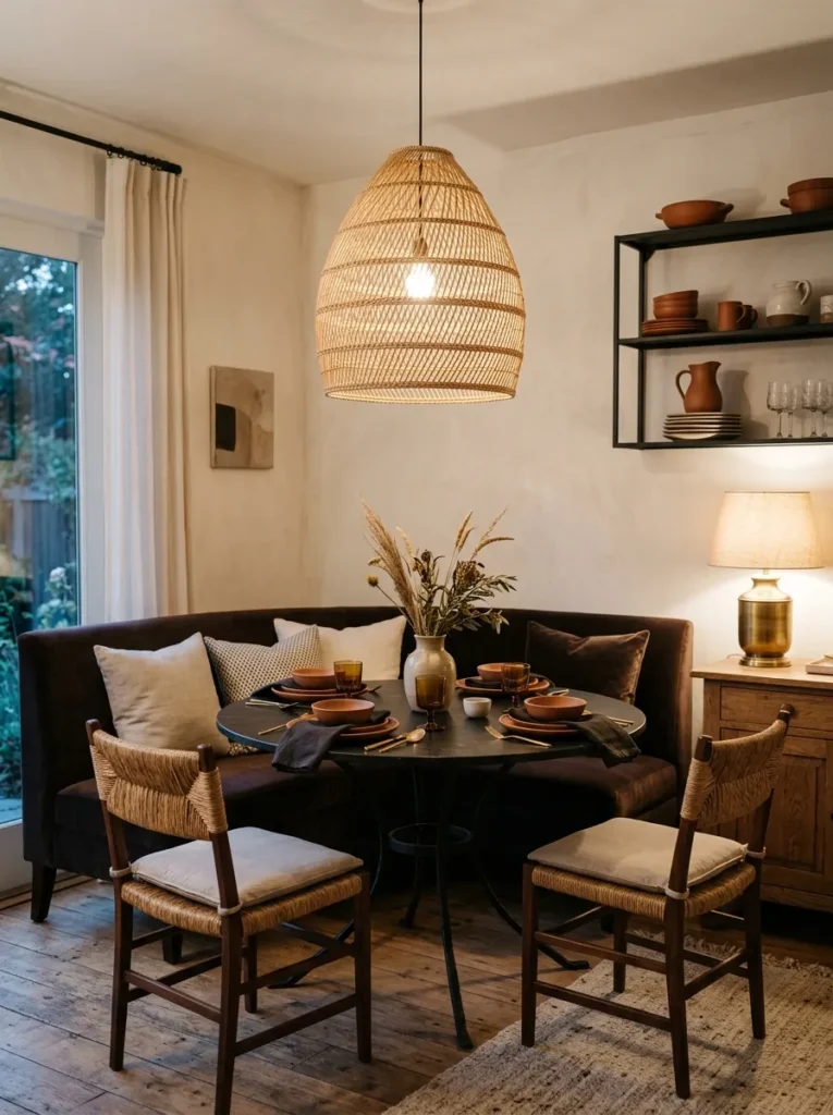Espresso velvet banquette with a black stone pedestal table