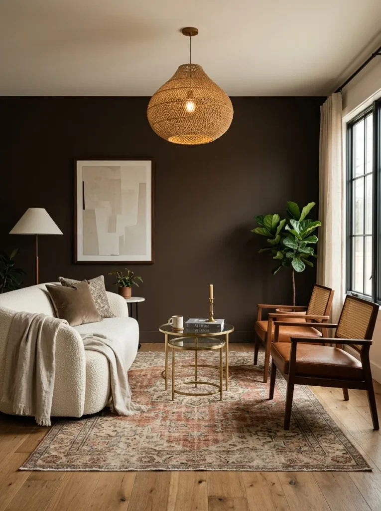 Espresso-brown living room with mixed vintage seating