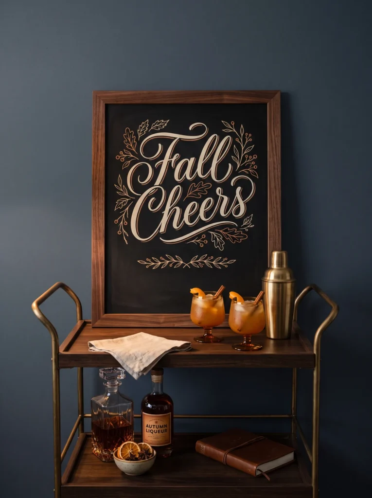 Sophisticated fall chalkboard reading “Fall Cheers” on a walnut bar cart with amber glassware, botanical details, and brushed-brass accents.