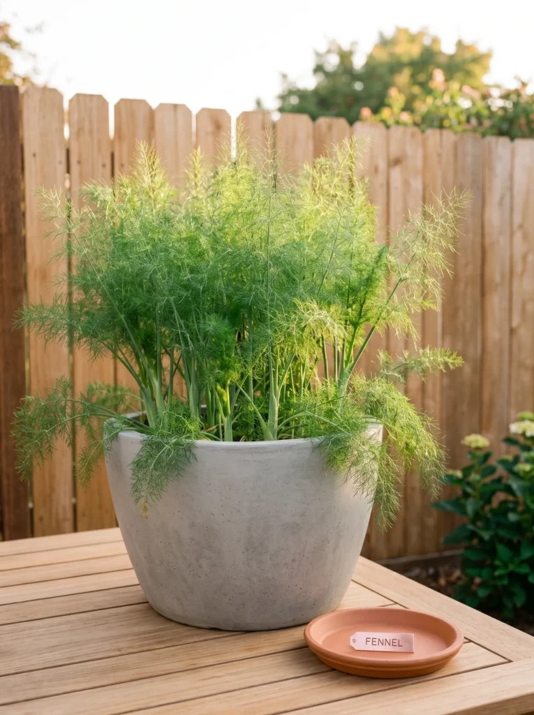 Fall herbs to grow in a deep concrete planter, featuring tall feathery fennel against a weathered garden fence.