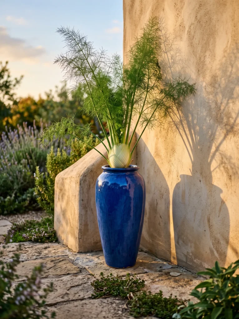A tall glazed cobalt-blue urn on a stone patio corner, holding a fennel plant with a pale, bulging bulb at the base and feathery green fronds reaching upward. Soft evening light, long shadows against a plaster wall. Low angle emphasizing height and silhouette.