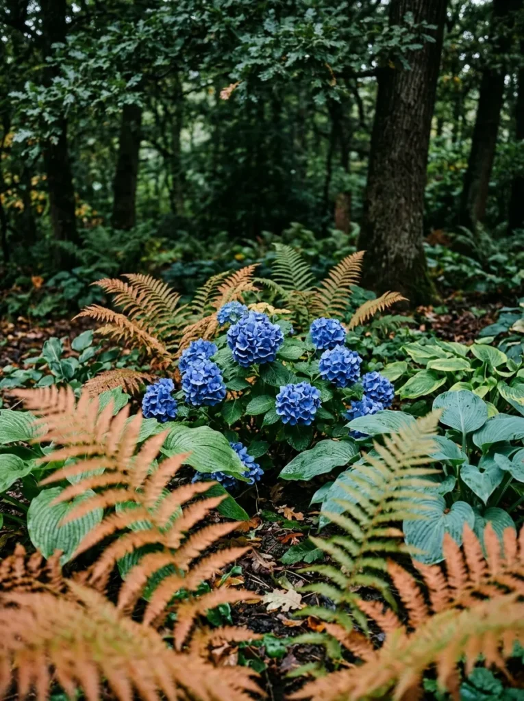 Deep-shade woodland bed beneath oak canopy: blue mophead hydrangea blooms surrounded by coppery-orange autumn fern fronds and hosta leaves: dappled overcast light, cool green-toned shadows. Camera angle low and close, ferns in soft-focus foreground, blooms sharp mid-frame.