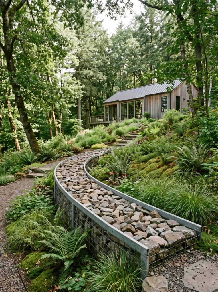 Fieldstone gabion channel used as a gutter downspout drainage idea on a rustic-modern sloped garden.