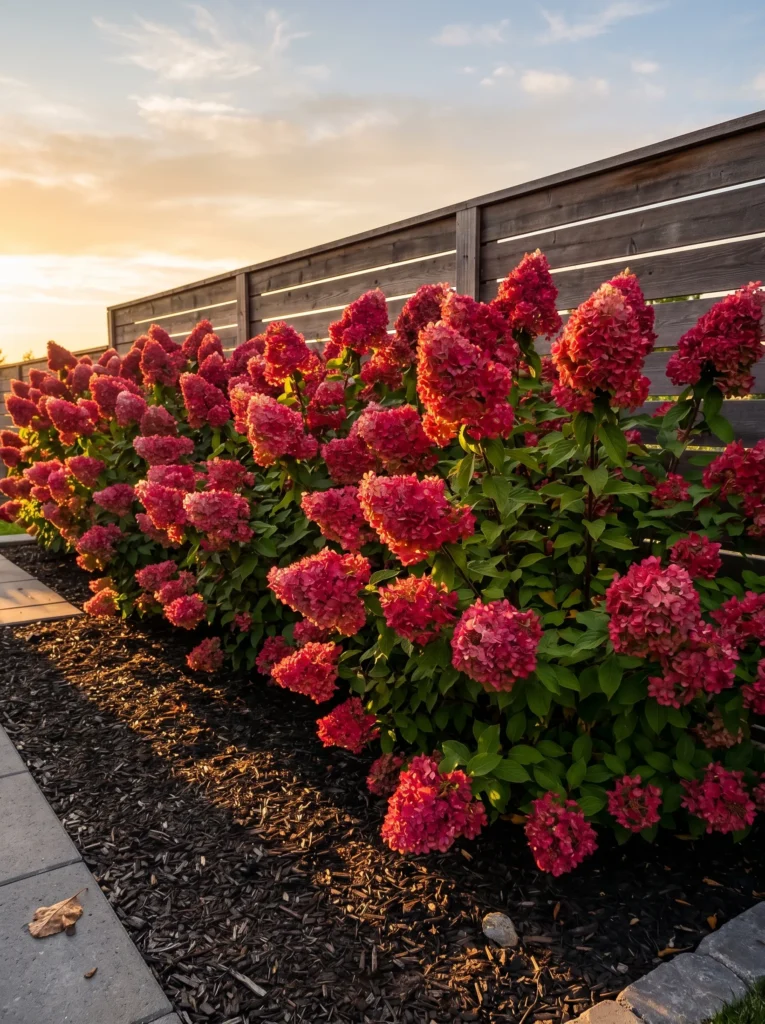 Side-yard privacy hedge at early evening: a row of 'Fire Light' hydrangeas with deep red-pink blooms screening a wooden fence. Warm amber backlight, long shadows stretching across the mulch bed. Camera angle slightly low, hedge filling the frame edge to edge, small gap of negative space at top for sky.