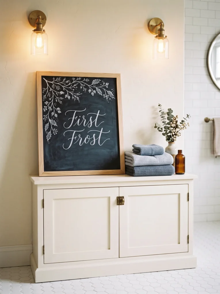 Minimalist fall chalkboard reading “First Frost” with delicate white branches and blue-gray accents styled near an ivory bathroom linen cabinet.