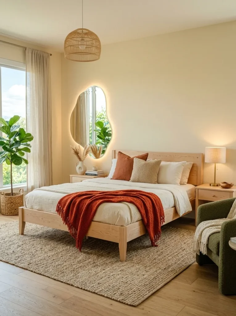 Rippled oval mirror above a birch platform bed