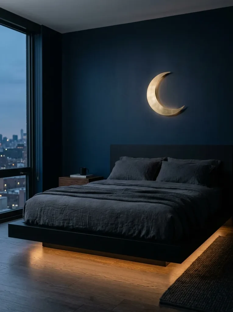 Floating black steel bed platform glowing against midnight-blue walls