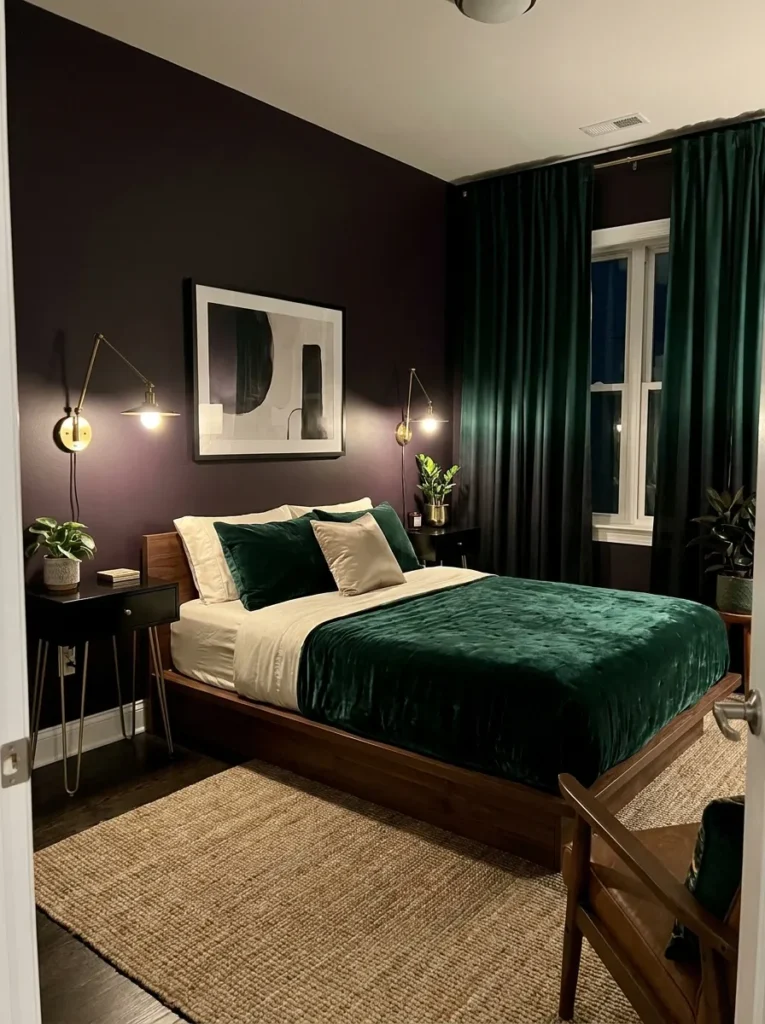 Floating black lacquer nightstands with brass swing-arm sconces beside a low platform bed