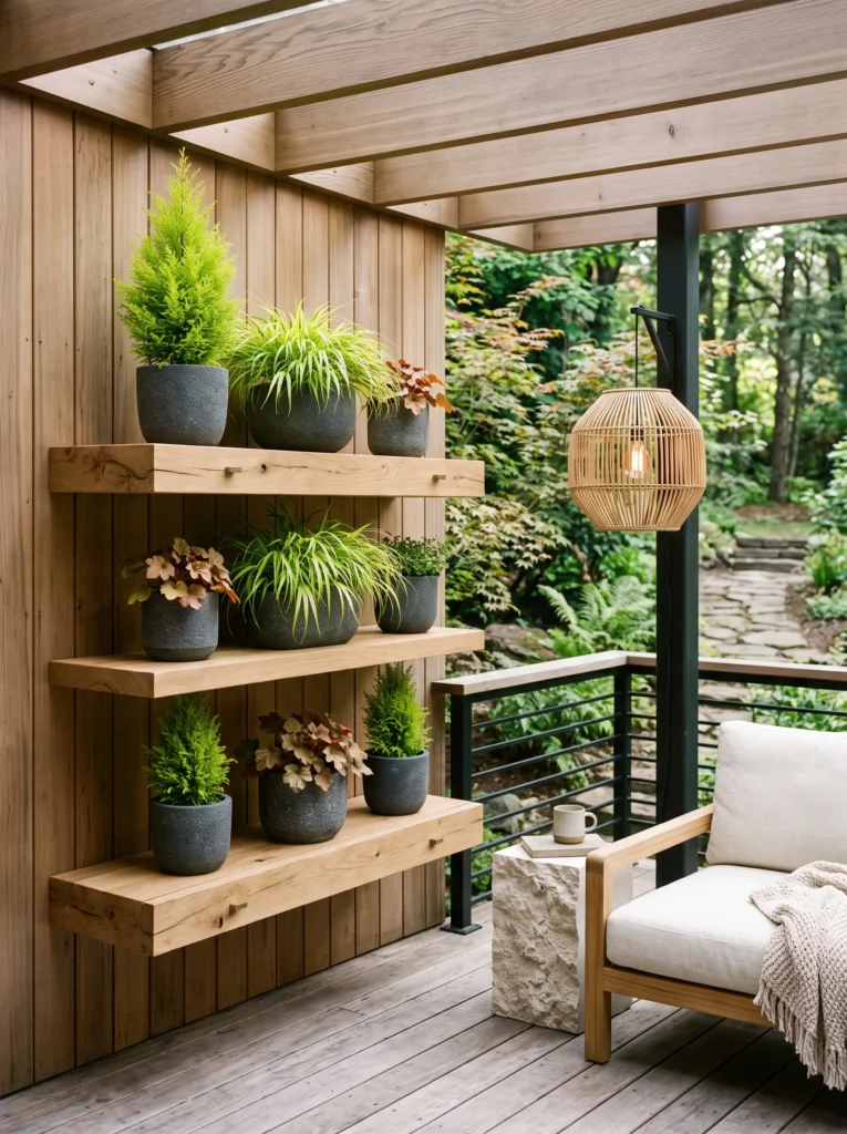 Floating oak shelves with lemon cypress and heuchera.
