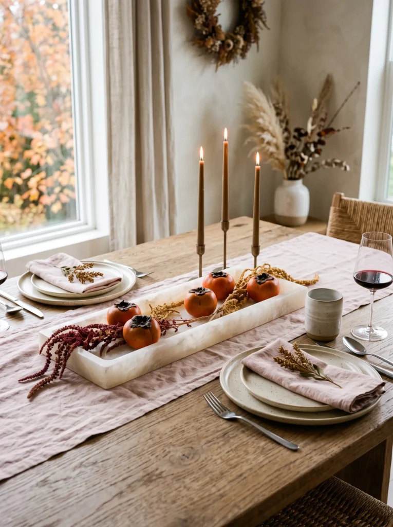 Fall table centerpiece ideas with persimmons, blush linen, alabaster tray, dried amaranth, and aged-bronze candleholders.