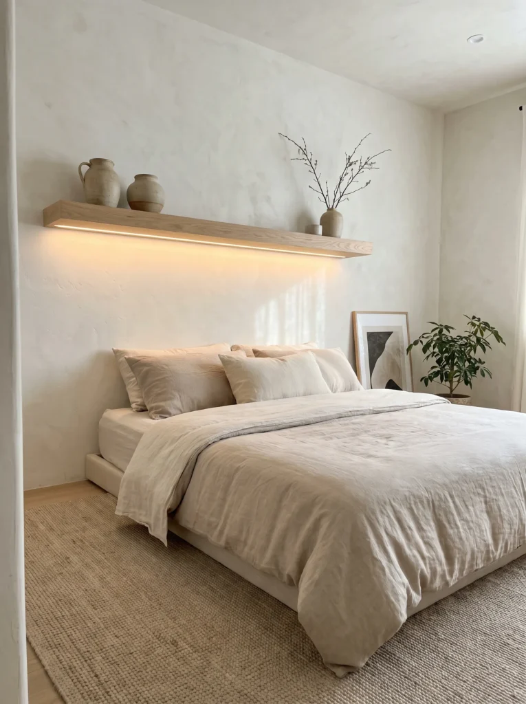  White oak floating shelf with warm LED glow beneath its front edge