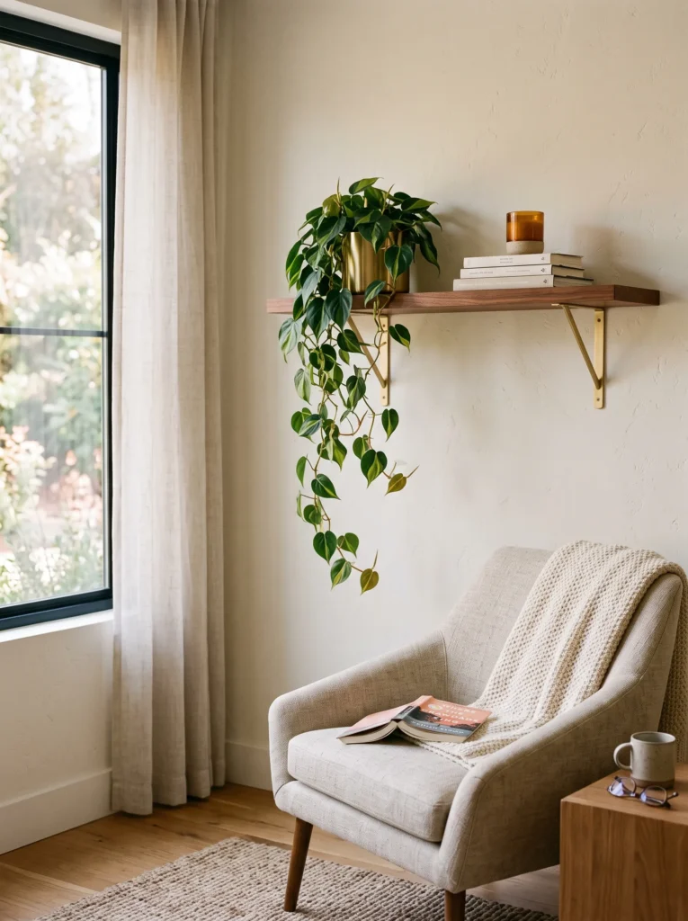  Wall-mounted walnut floating shelf plant stand with a trailing philodendron beside a reading chair