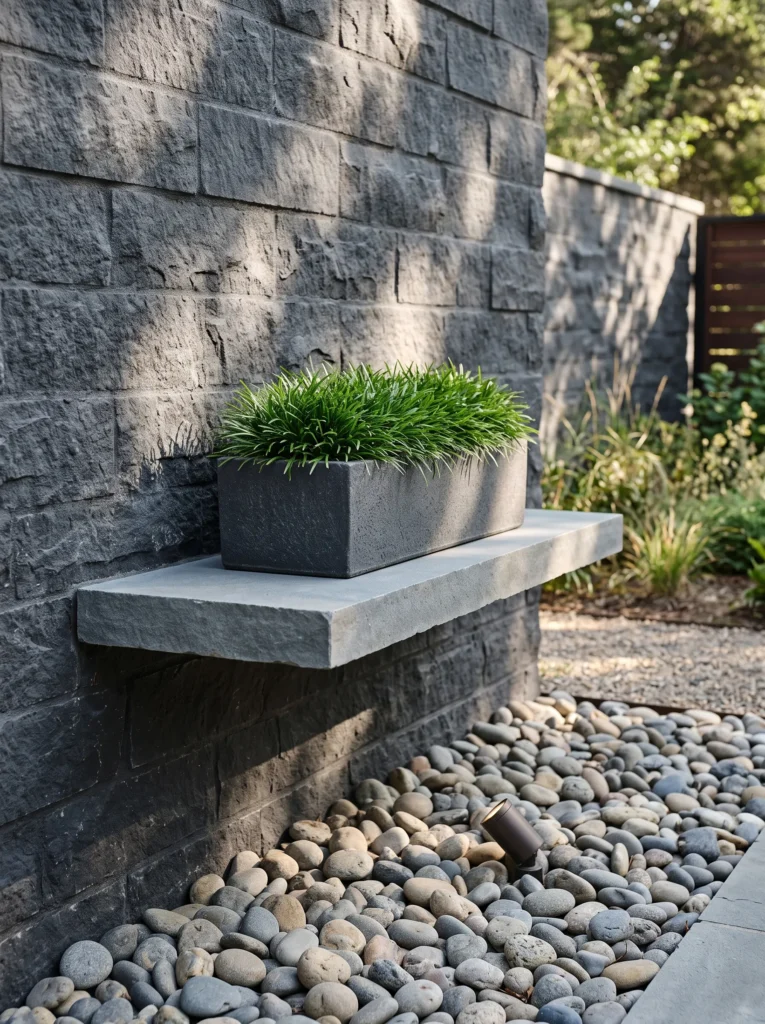 Floating stone shelf with mondo grass on wall.