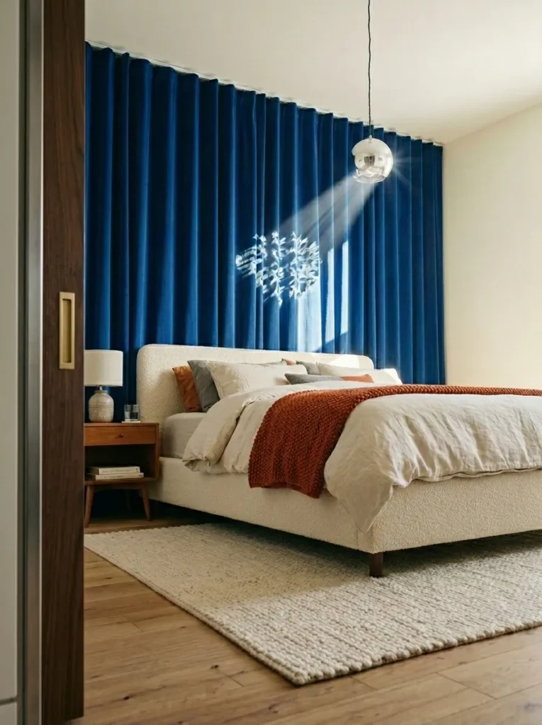  Electric blue floor-to-ceiling curtains behind a bed