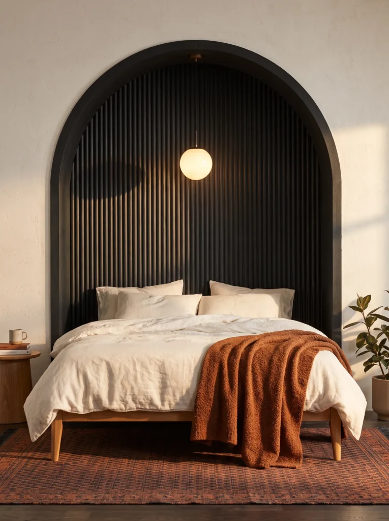 Fluted wood arch built into a charcoal-black wall behind a low oak-legged bed