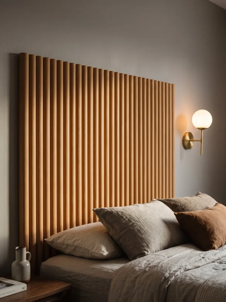 Warm clay fluted half-round DIY headboard with vertical shadow grooves.