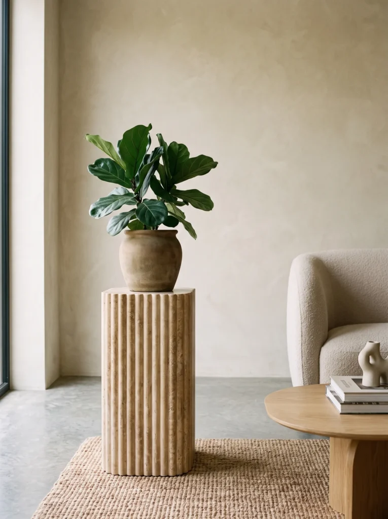  Fluted travertine plinth plant stand with a fiddle leaf fig in a modern living room