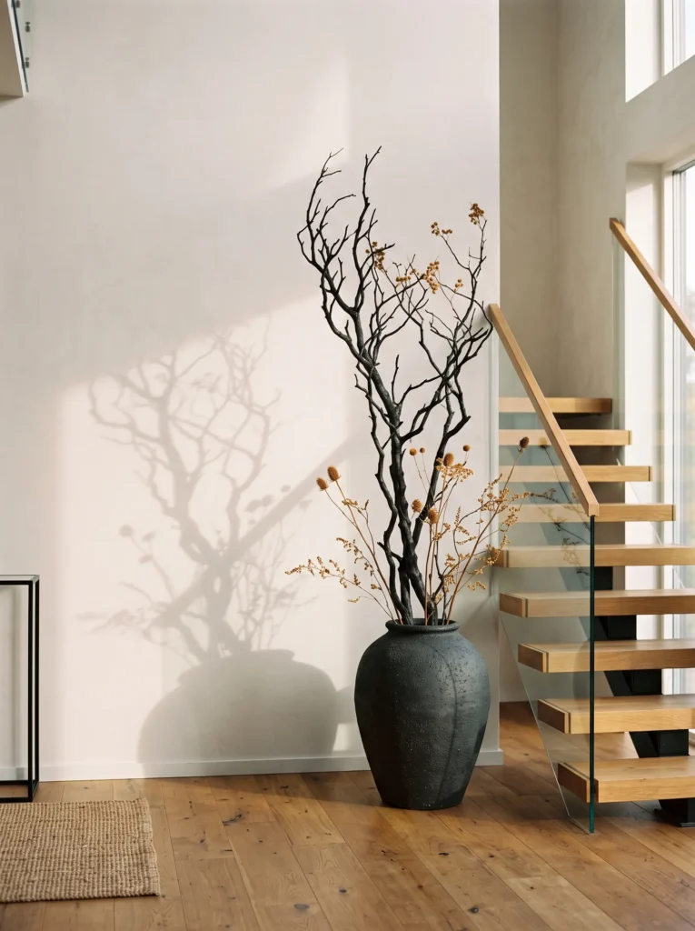 Tall charcoal branch sculpture with ochre seed heads in a ceramic floor vessel beside a staircase.