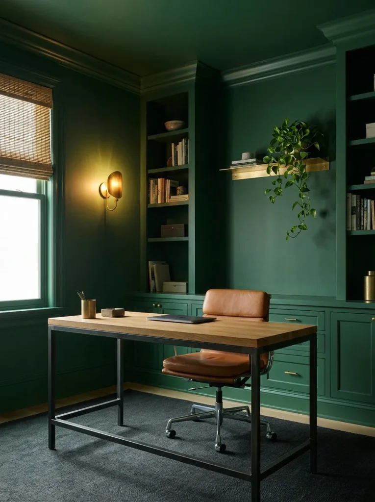 Forest green color-drenched office with steel-and-oak desk and warm brass sconce lighting