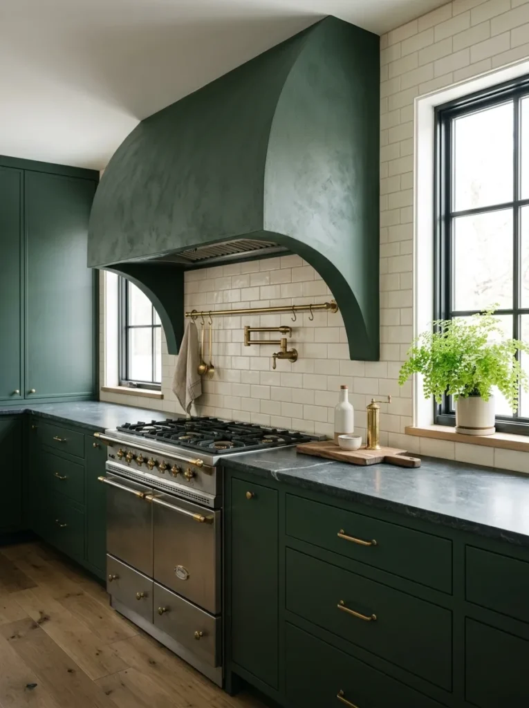 Forest green cabinetry with an arched plastered hood vent above the range in a farmhouse kitchen.