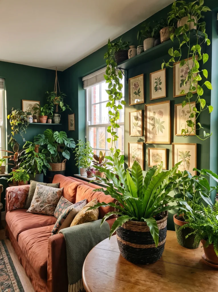 Forest green living room with salon-style botanical prints and trailing pothos
